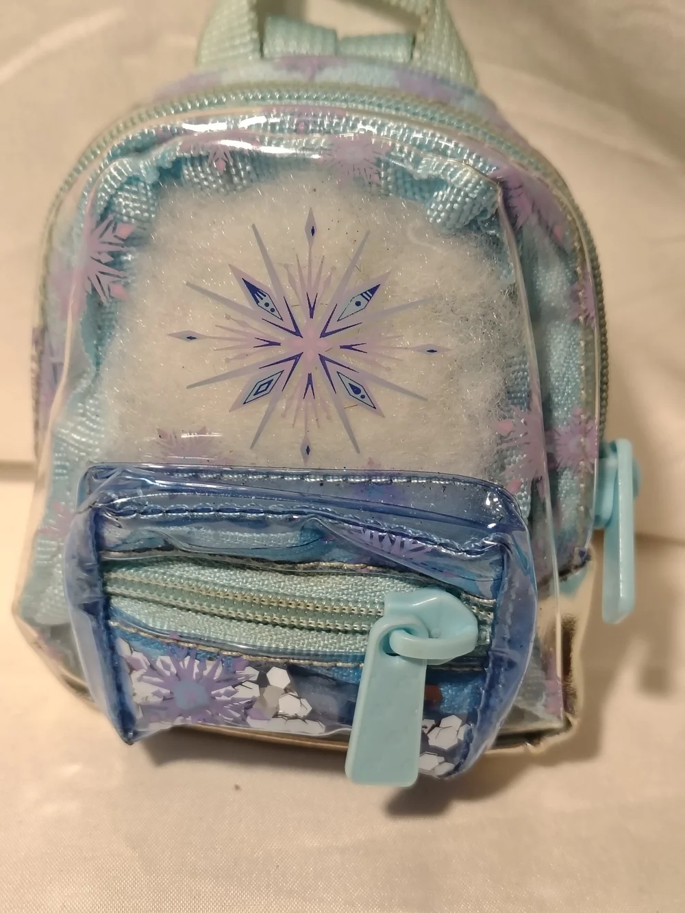 Children's Mini Backpack Purse in Light Blue with Purple Snowflake Design